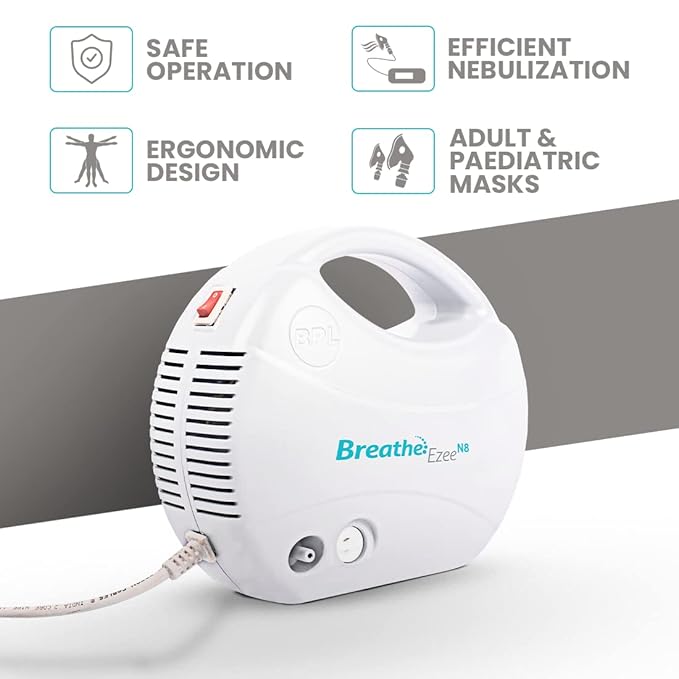 BPL Medical Technologies Breathe Ezee N8 Nebulizer Low Noise Compressor Nebuliser Machine Kit (White) 1 Year Warranty