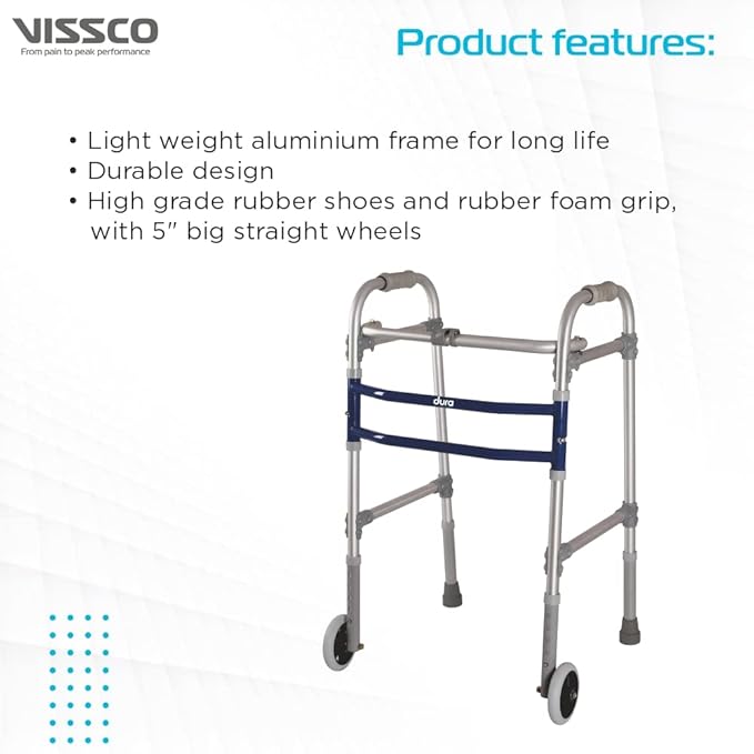 Vissco Dura Max Walker (Aluminium) With Straight Wheel for Elderly & Physically Challenged, Foldable,Light Weight & Adjustable Height (Grey)