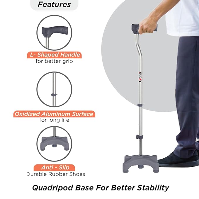 Vissco Avanti L Shape Quadripod Walking Stick, for Elderly & Those Physically Challenged,Lightweight, Height Adjustable Walking Stick with 4 Legs