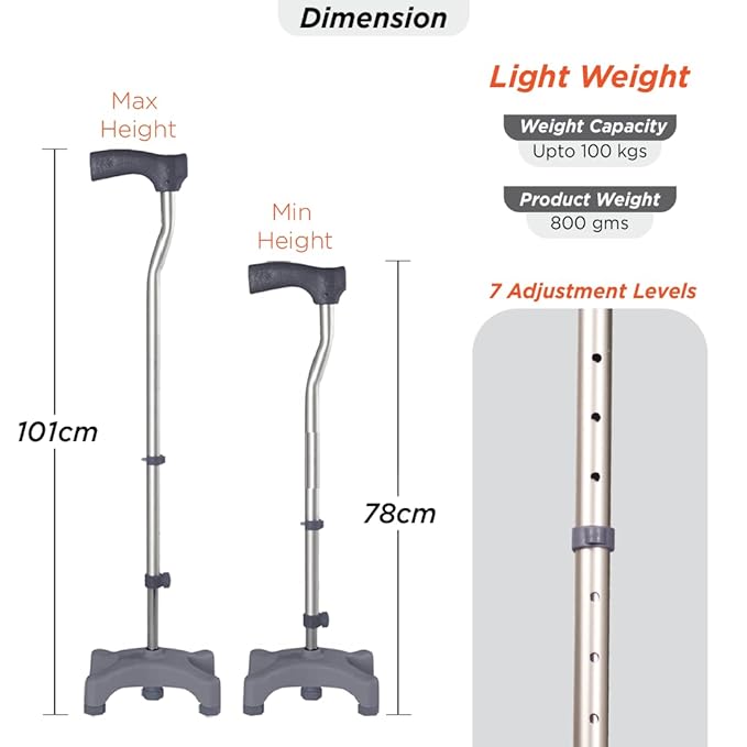 Vissco Avanti L Shape Quadripod Walking Stick, for Elderly & Those Physically Challenged,Lightweight, Height Adjustable Walking Stick with 4 Legs
