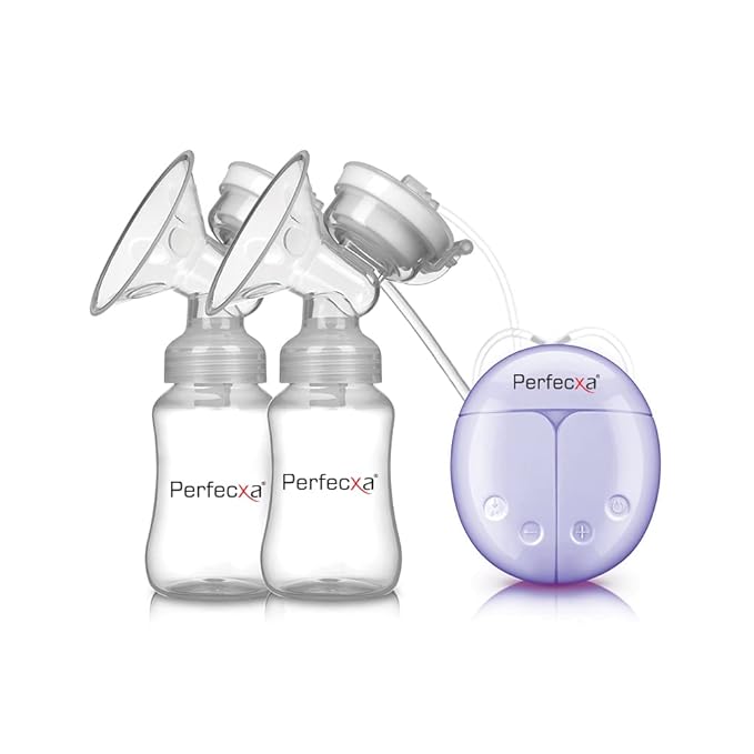 Perfecxa Double Bottle Breast Pump, Breast Pump Safe Milk Storage Bottle Dual Control Milk Suction and Breast Massager Breast Care with USB and Lid for Baby Breastfeeding & accessories, Free Breast Pads