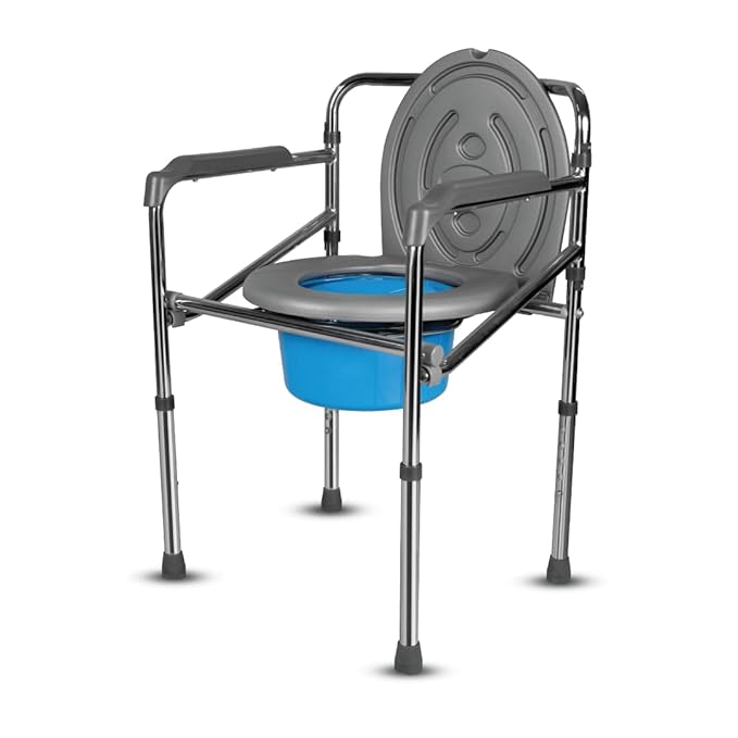 Vissco Comfort Chrome (Polish) Folding Commode Chair with Arm rest for patient, Adults, Elderly and Physically Challenged People, Portable Commode Chair for Indian Toilet