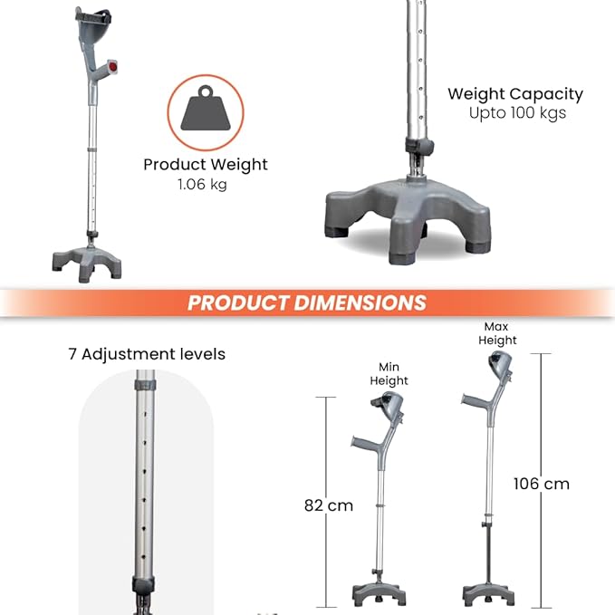 Vissco Elbow Crutch Quadripod Base with Height Adjustable & Movable Elbow Support, Light Weight (1 Piece) (Grey)