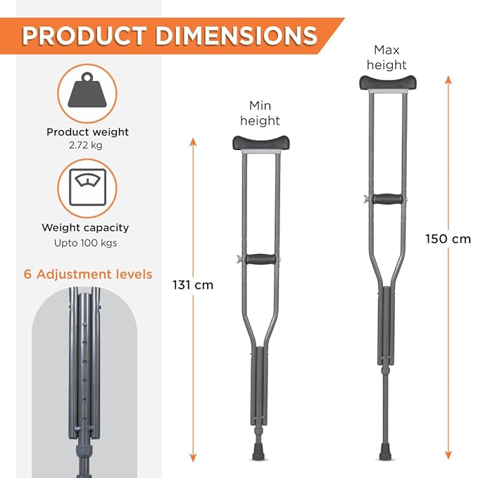 Vissco Astra Under Arm Crutches Aluminium, Crutches for those Physically Chalenged With Adjustable Elbow Support, PVC grip Handle, Light Weight & Height Adjustable, Walking Stick(1 Pair)