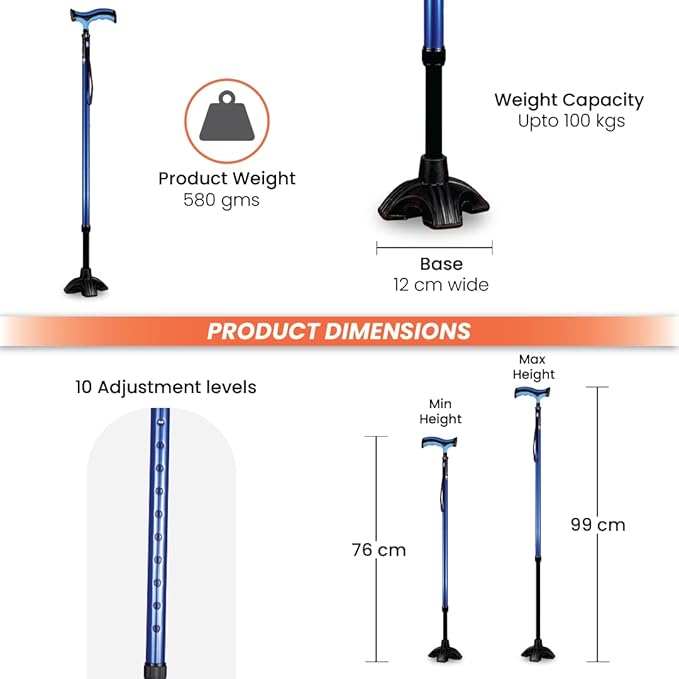 Vissco Avanti Plus - T Shape Aluminum Stick, Lightweight Walking Stick, Adjustable Height, Wide Base for Balance (Blue)