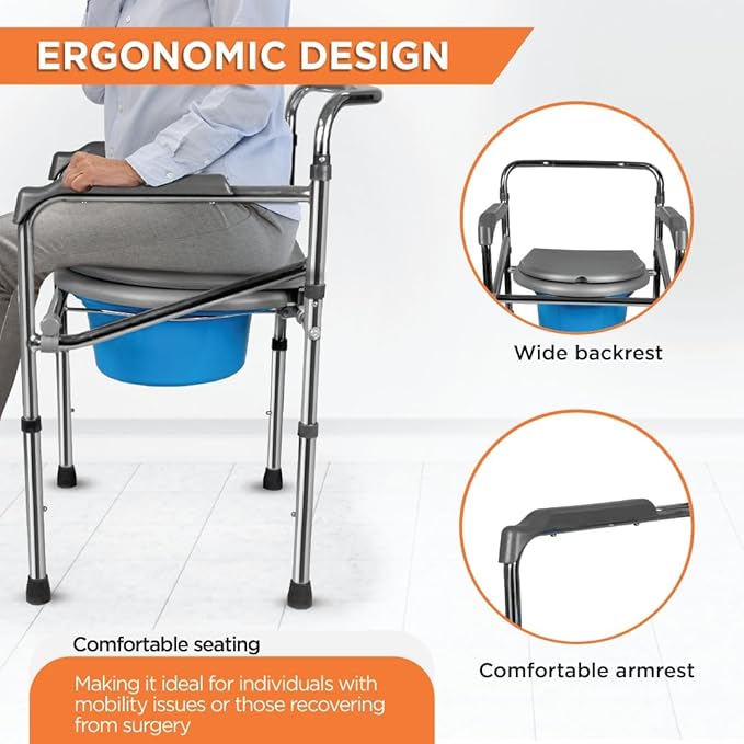 Vissco Comfort Chrome (Polish) Folding Commode Chair with Arm rest for patient, Adults, Elderly and Physically Challenged People, Portable Commode Chair for Indian Toilet