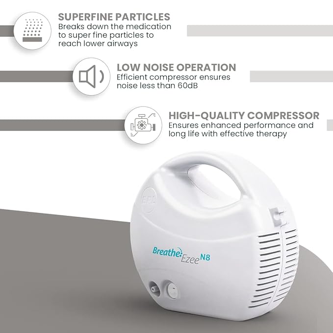 BPL Medical Technologies Breathe Ezee N8 Nebulizer Low Noise Compressor Nebuliser Machine Kit (White) 1 Year Warranty