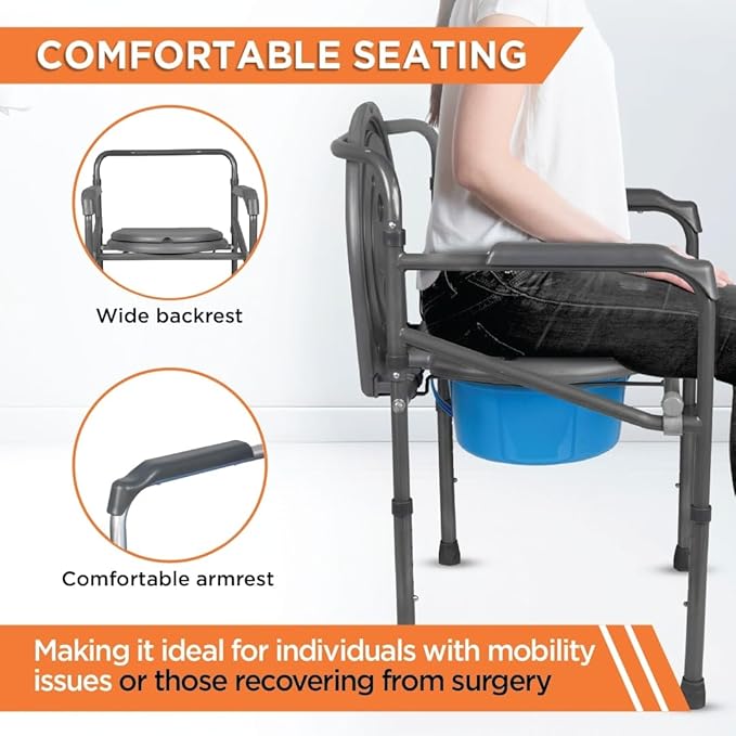 Vissco Comfort Folding Commode Without Castors, Portable Commode Chair for Elderly and Disabled, Toilet Aid for Home and Healthcare