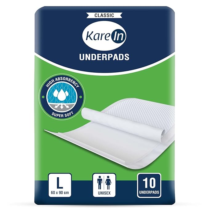 KareIn Classic Underpads, Large, 60 x 90 Cm, 10 Count, Superior Absorbency, Leak Proof