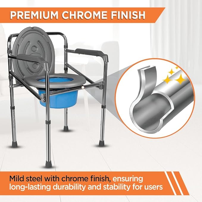 Vissco Comfort Chrome (Polish) Folding Commode Chair with Arm rest for patient, Adults, Elderly and Physically Challenged People, Portable Commode Chair for Indian Toilet