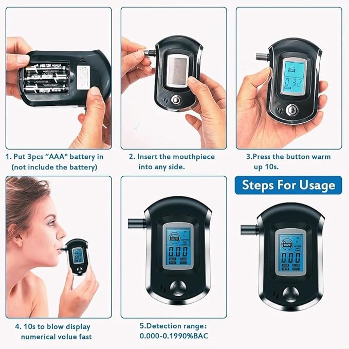 Portable Alcohol Detector Breathalyzer with 5 Mouthpieces , Digital LCD Breath Test Accurate Analyzer / Tester