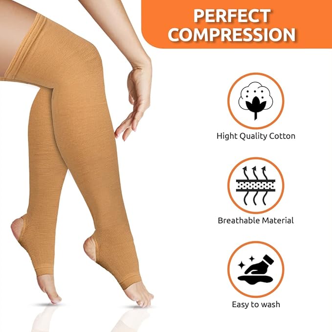 VISSCO Varicose Vein Stockings, Thigh Length (Above Knee), Stockings for Swollen, Tired, Aching Legs, Pain Relief, Edema, Sore Legs for Men & Women