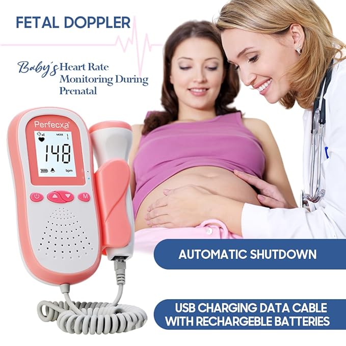 Perfecxa Fetal Doppler black and white display,Double Rechargable Battery for Long Durability, USB Cable for Charging