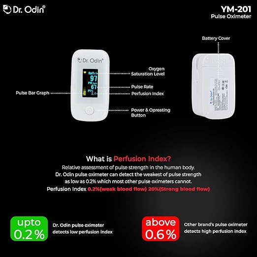 Dr. Odin YM-201 Fingertip Pulse Oximeter with LED Display and Auto Power Off, Perfusion Index and SpO2