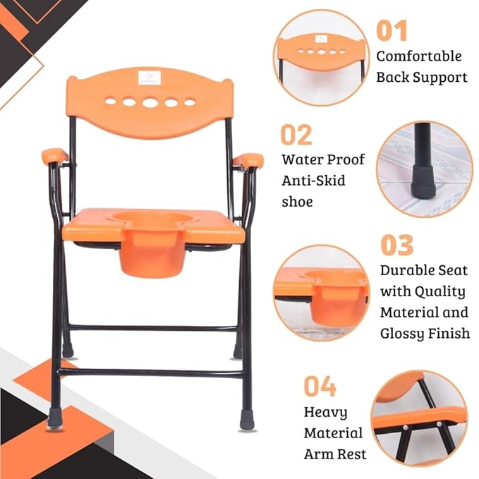 AUDITECH Folding Commode Chair for Elderly, Disabled, and Pregnant Women – Shower Seat, Toilet Stool, Bedside & Over-Toilet Use, with Removable Bucket, Safe & Comfortable Design (random colour)