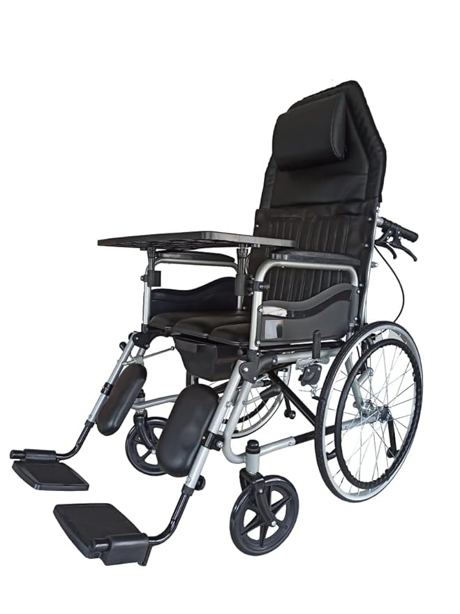Karma Hydraulic Recliner Cum Commode - Ryder 8 wheelchair | Foldable | Wheelchairs for old people | With Premium U-Cut Seat and 3 D Headset| With Table | Detachable Armrest