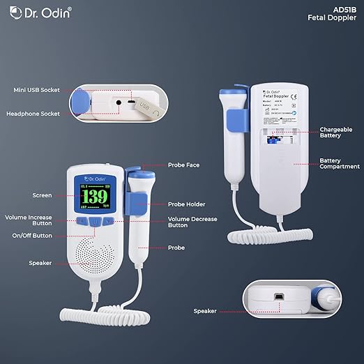 Dr. Odin (AD51B) Fetal Doppler | Fetal Heart Rate Monitor for Home and Clinic with Smart Noise Reduction, Autocorrelation Algorithm