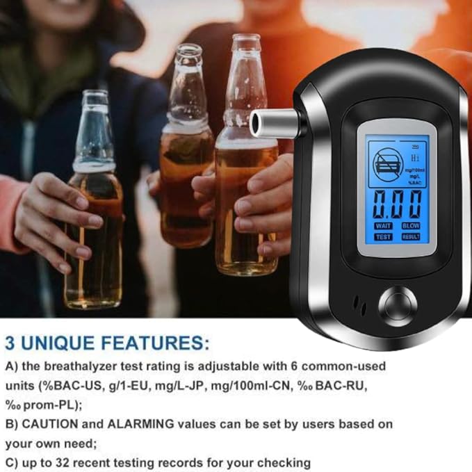Portable Alcohol Detector Breathalyzer with 5 Mouthpieces , Digital LCD Breath Test Accurate Analyzer / Tester