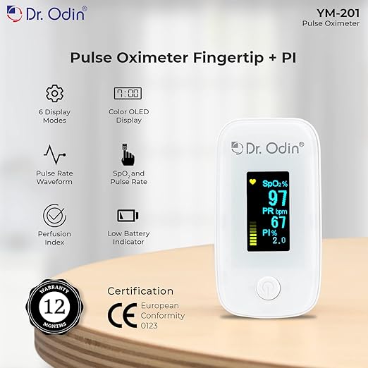 Dr. Odin YM-201 Fingertip Pulse Oximeter with LED Display and Auto Power Off, Perfusion Index and SpO2
