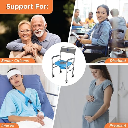 Vissco Comfort 3 in 1 Foldable Commode Shower Chair (Height Adjustable+Can roll over toilet WC), Available with and without wheels, Washable & Long lasting, Weight Bearing Upto 100kg