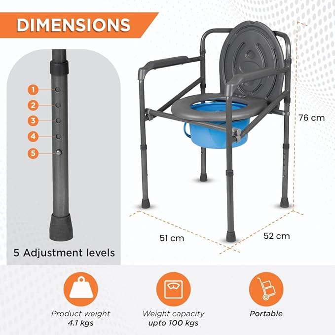Vissco Comfort Folding Commode Without Castors, Portable Commode Chair for Elderly and Disabled, Toilet Aid for Home and Healthcare