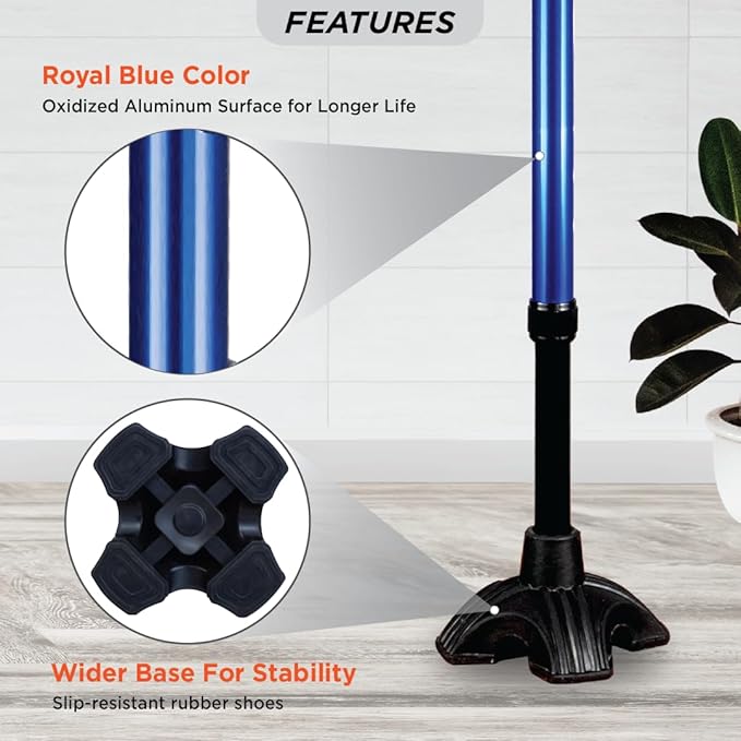 Vissco Avanti Plus - T Shape Aluminum Stick, Lightweight Walking Stick, Adjustable Height, Wide Base for Balance (Blue)