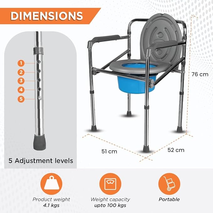 Vissco Comfort Chrome (Polish) Folding Commode Chair with Arm rest for patient, Adults, Elderly and Physically Challenged People, Portable Commode Chair for Indian Toilet