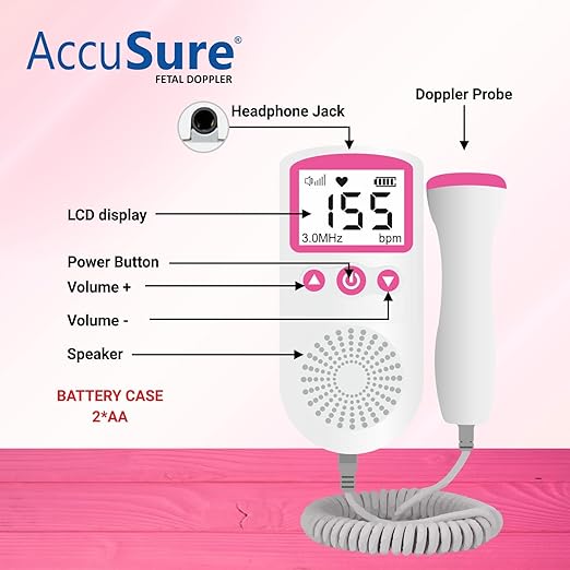 AccuSure Fetal Doppler Heartbeat Monitor for Pregnancy 50-240BPM Measuring Range 2.5MHz Fetal Heart Rate Detector with TFT Display