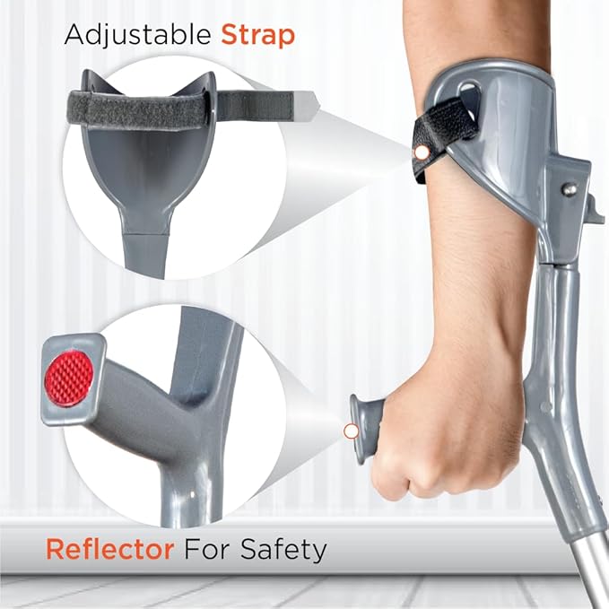 Vissco Elbow Crutch Quadripod Base with Height Adjustable & Movable Elbow Support, Light Weight (1 Piece) (Grey)