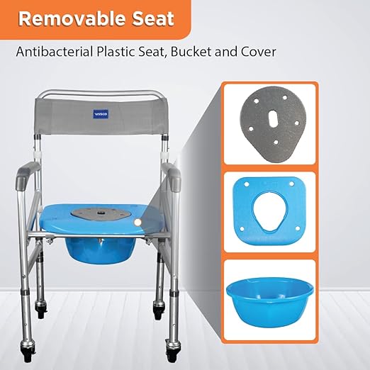 Vissco Comfort 3 in 1 Foldable Commode Shower Chair (Height Adjustable+Can roll over toilet WC), Available with and without wheels, Washable & Long lasting, Weight Bearing Upto 100kg