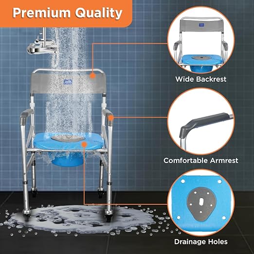 Vissco Comfort 3 in 1 Foldable Commode Shower Chair (Height Adjustable+Can roll over toilet WC), Available with and without wheels, Washable & Long lasting, Weight Bearing Upto 100kg