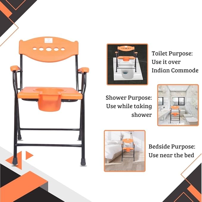 AUDITECH Folding Commode Chair for Elderly, Disabled, and Pregnant Women – Shower Seat, Toilet Stool, Bedside & Over-Toilet Use, with Removable Bucket, Safe & Comfortable Design (random colour)