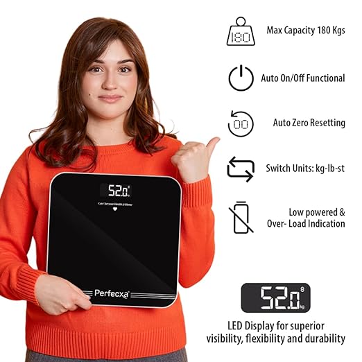 Perfecxa Digital Weighing Scale with LED Display and Auto On/Off Functional, Weight Capacity 180 Kgs