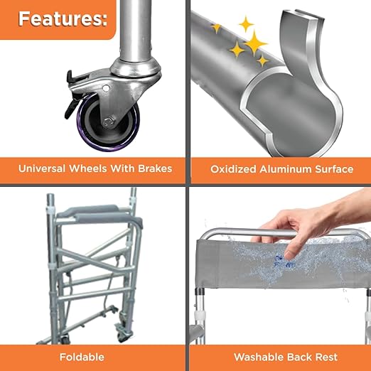 Vissco Comfort 3 in 1 Foldable Commode Shower Chair (Height Adjustable+Can roll over toilet WC), Available with and without wheels, Washable & Long lasting, Weight Bearing Upto 100kg