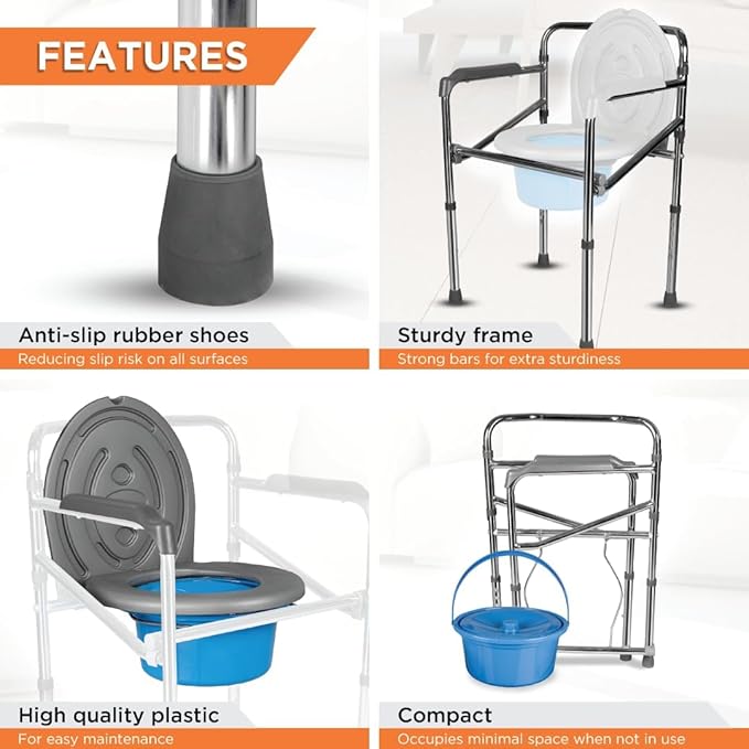 Vissco Comfort Chrome (Polish) Folding Commode Chair with Arm rest for patient, Adults, Elderly and Physically Challenged People, Portable Commode Chair for Indian Toilet