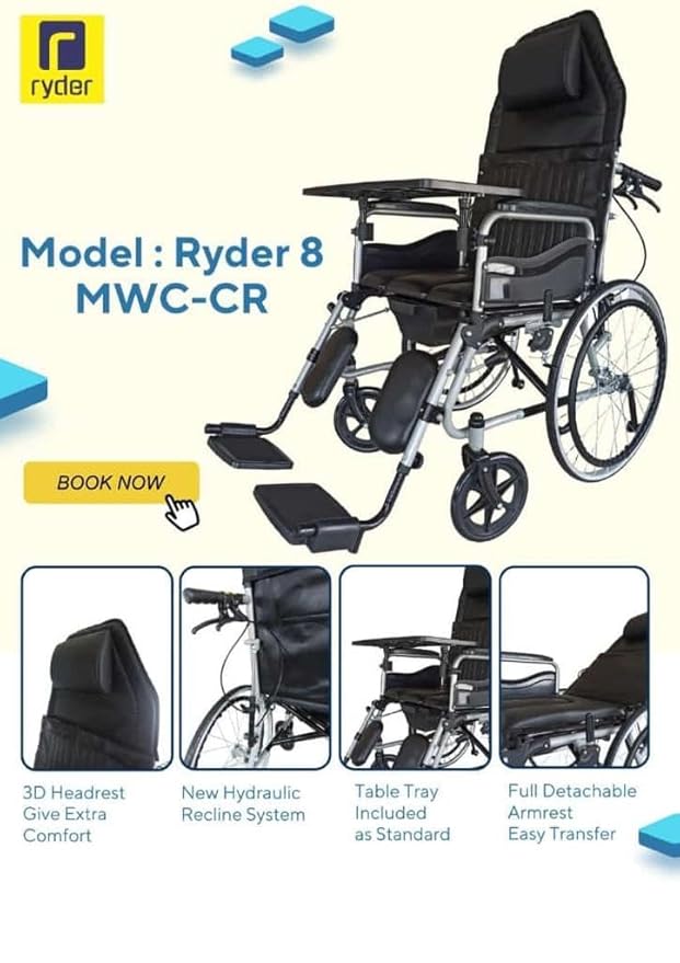 Karma Hydraulic Recliner Cum Commode - Ryder 8 wheelchair | Foldable | Wheelchairs for old people | With Premium U-Cut Seat and 3 D Headset| With Table | Detachable Armrest