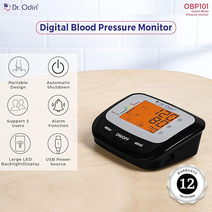 Dr. Odin OBP 101 Digital Blood Pressure Monitor - Arrhythmia Detection, Talking Function, LCD Display, Portable & Dual Power - 1 Year Replacement Warranty