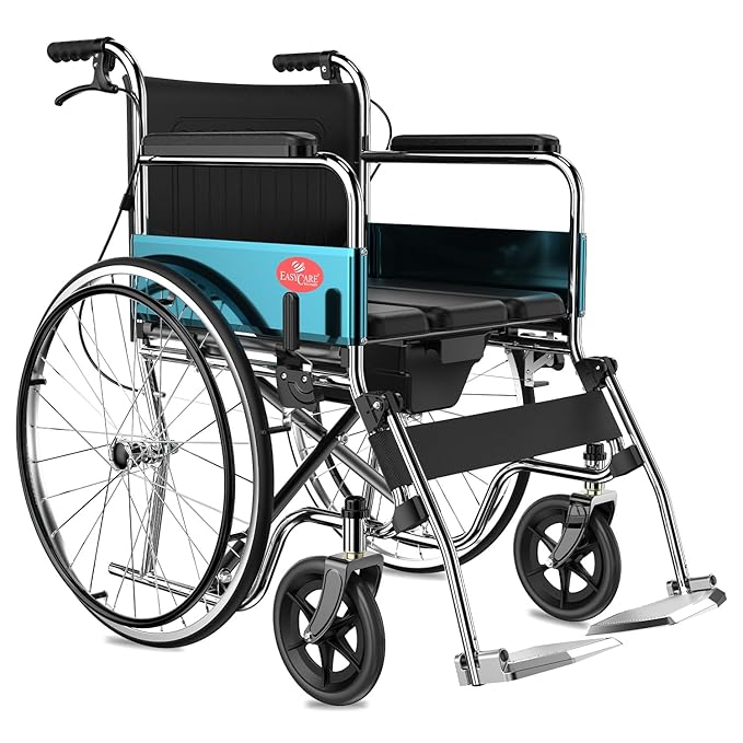 Easycare Premium Folding Wheelchair with Commode | Self-Propelled chrome plated Frame, Flip-up Leg Rest, Hand & Attendant Brake | Wheel chair's for old people and Patients at Home