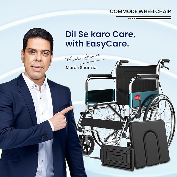 Easycare Premium Folding Wheelchair with Commode | Self-Propelled chrome plated Frame, Flip-up Leg Rest, Hand & Attendant Brake | Wheel chair's for old people and Patients at Home