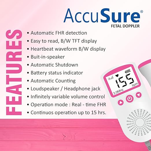 AccuSure Fetal Doppler Heartbeat Monitor for Pregnancy 50-240BPM Measuring Range 2.5MHz Fetal Heart Rate Detector with TFT Display