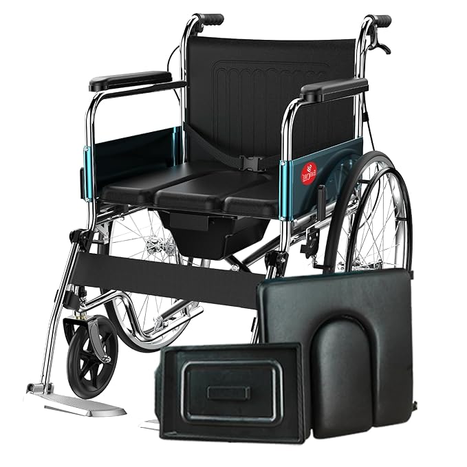 Easycare Premium Folding Wheelchair with Commode | Self-Propelled chrome plated Frame, Flip-up Leg Rest, Hand & Attendant Brake | Wheel chair's for old people and Patients at Home
