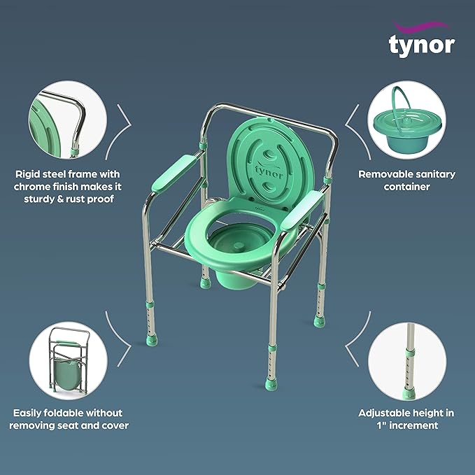 Tynor height adjustable foldable commode chair with pot and cover lid, suitable for all ages