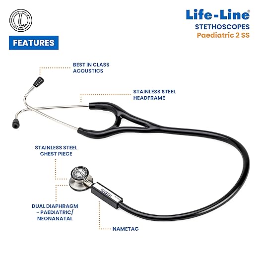 LIFE LINE Paediatric 2 SS Stethoscope | Dual Diaphragm Chest Piece for Paediatric and Neonatal | 2-way Tube | Suitable for Doctors, Nurses, Students