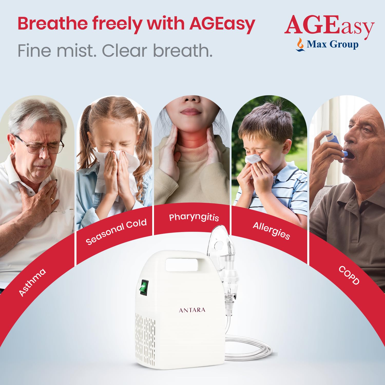 AGEasy ANTARA Nebuliser Machine for Adult and Kids with 2 Masks, 1 Mouthpiece & 5 Filters (White)