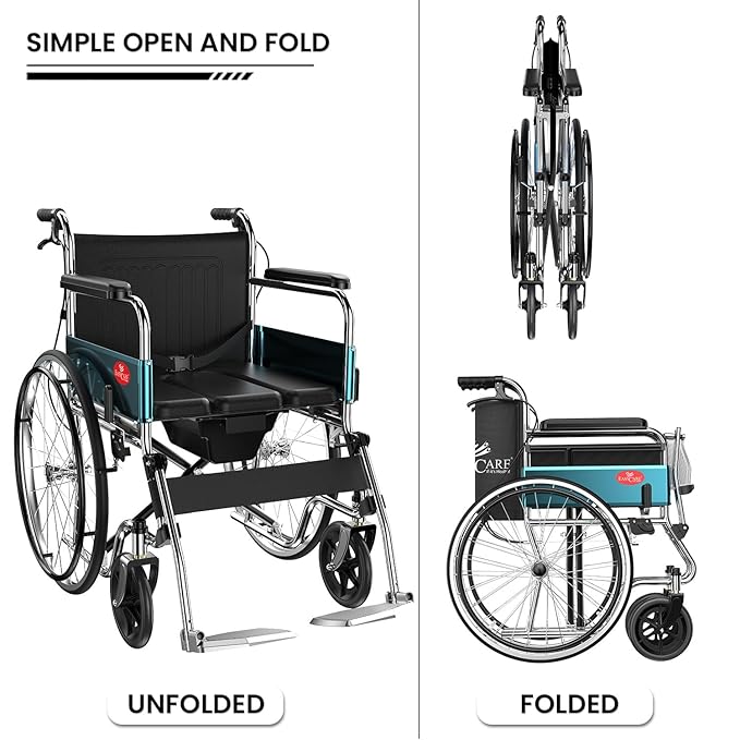 Easycare Premium Folding Wheelchair with Commode | Self-Propelled chrome plated Frame, Flip-up Leg Rest, Hand & Attendant Brake | Wheel chair's for old people and Patients at Home