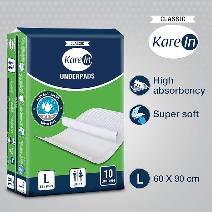 KareIn Classic Underpads, Large, 60 x 90 Cm, 10 Count, Superior Absorbency, Leak Proof