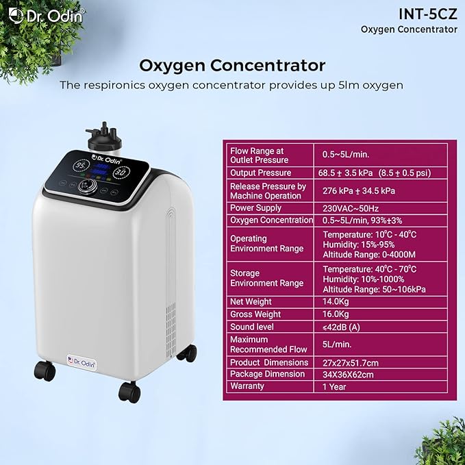Dr. Odin Oxygen Concentrator Proffessional 5 Ltr Delivery Rate (0.5-5LPM) INT-5CZ Oxygen Concentrator (220 W)
