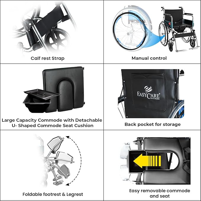 Easycare Premium Folding Wheelchair with Commode | Self-Propelled chrome plated Frame, Flip-up Leg Rest, Hand & Attendant Brake | Wheel chair's for old people and Patients at Home