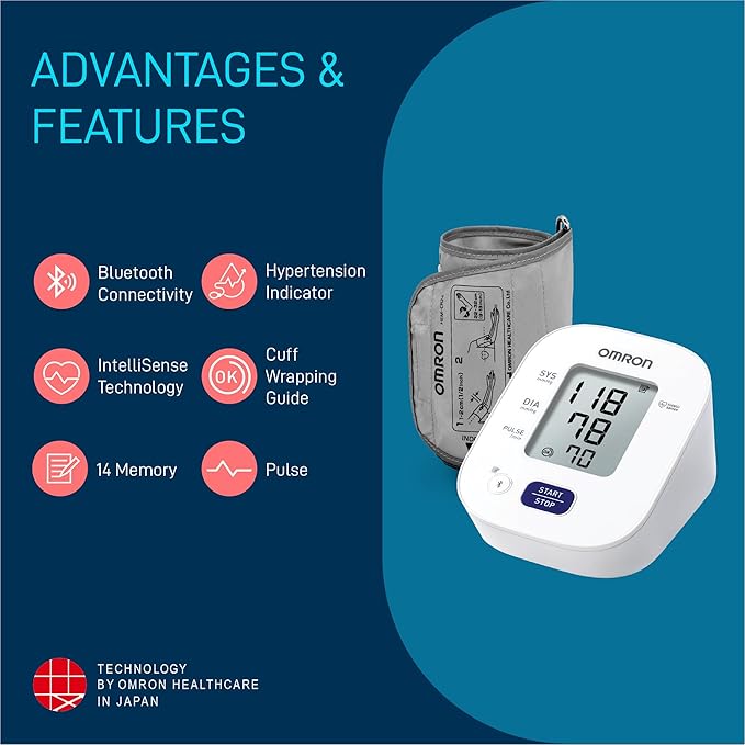 Omron HEM 7140T1 Bluetooth Blood Pressure Monitor Recommended Brand by Doctors, with Japanese Technology, Cuff Wrapping Guide, Hypertension Indicator & Intellisense Technology for Accuracy Measurement