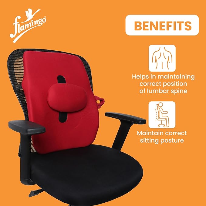 Flamingo Back Rest Support for Orthopedic Lumbar Support | Memory Foam Back Rest Cushion | Designed for Chairs, Car Seat | Improves Posture with Adjustable Seat Cushion